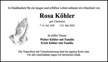 Traueranzeige von Rosa Köhler von Rothenburg