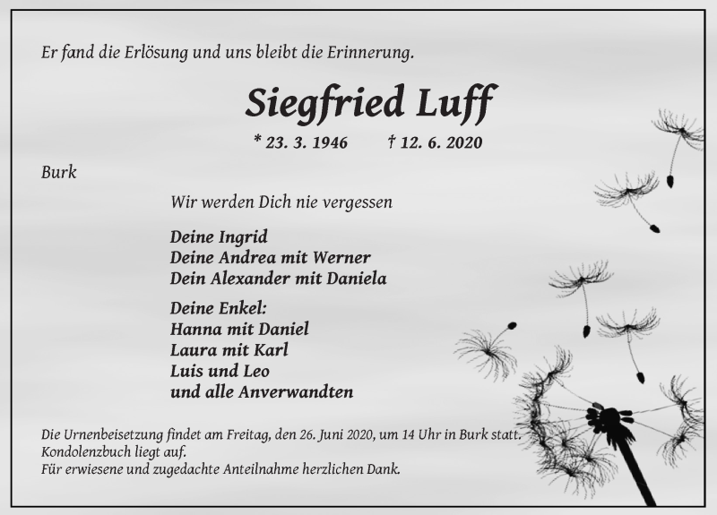  Traueranzeige für Siegfried Luff vom 25.06.2020 aus Dinkelsbühl/ Feuchtwangen