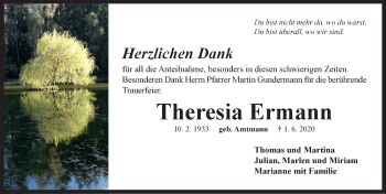 Traueranzeige von Theresia Ermann von Neustadt/ Scheinfeld/ Uffenheim