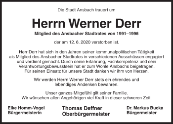 Traueranzeige von Werner Derr von Ansbach