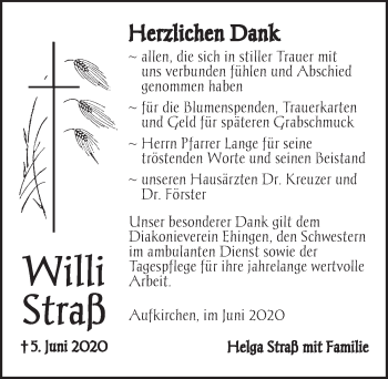 Traueranzeige von Willi Straß von Dinkelsbühl/ Feuchtwangen