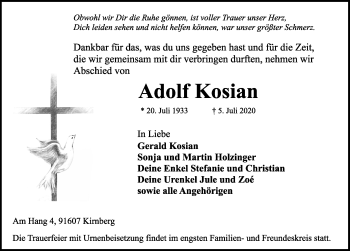 Traueranzeige von Adolf Kosian von Rothenburg