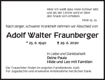 Traueranzeige von Adolf Walter Fraunberger von Ansbach