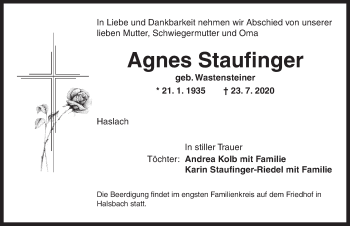 Traueranzeige von Agnes Staufinger von Dinkelsbühl/ Feuchtwangen