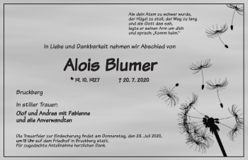 Traueranzeige von Alois Blumer von Ansbach