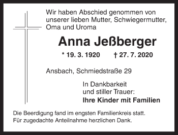 Traueranzeige von Anna Jessberger von Ansbach