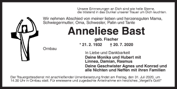 Traueranzeige von Anneliese Bast von Ansbach