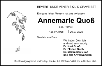 Traueranzeige von Annemarie Quoß von Dinkelsbühl/ Feuchtwangen