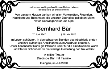 Traueranzeige von Bernhard Bär von Rothenburg