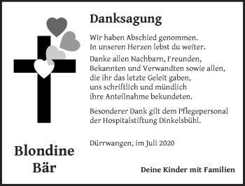 Traueranzeige von Blondine Bär von Dinkelsbühl/ Feuchtwangen