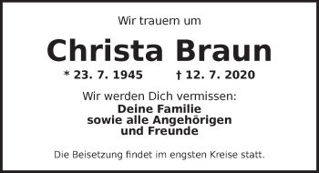 Traueranzeige von Christa Braun von Ansbach