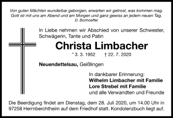 Traueranzeige von Christa Limbacher von Ansbach