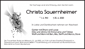 Traueranzeige von Christa Sauernheimer von Ansbach