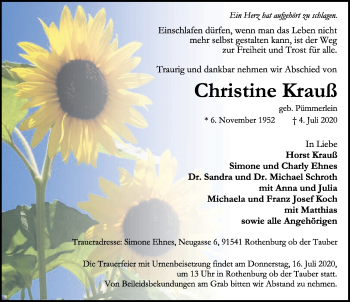 Traueranzeige von Christine Krauß von Rothenburg