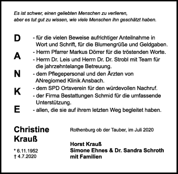 Traueranzeige von Christine Krauß von Rothenburg