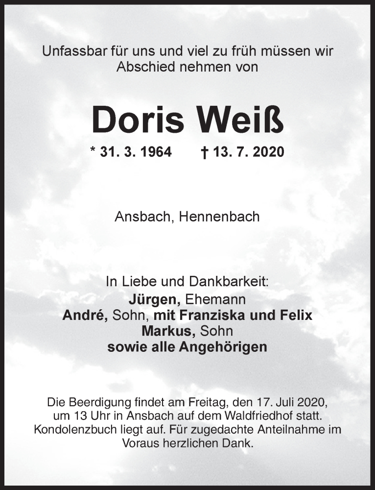  Traueranzeige für Doris Weiß vom 15.07.2020 aus Ansbach
