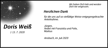 Traueranzeige von Doris Weiß von Ansbach