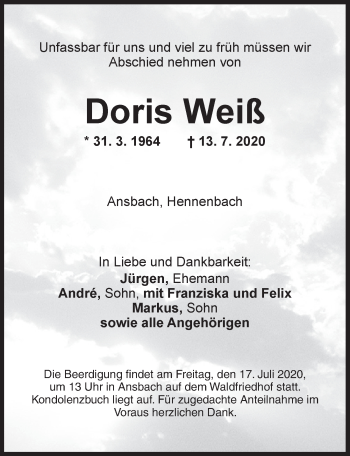 Traueranzeige von Doris Weiß von Ansbach