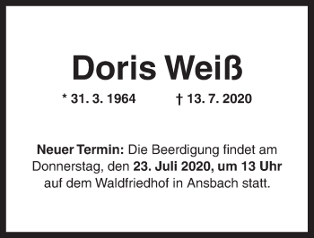 Traueranzeige von Doris Weiß von Ansbach