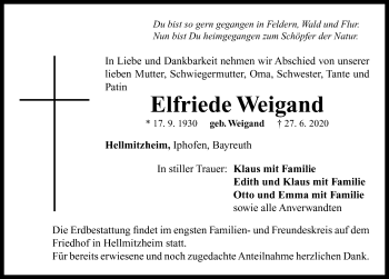 Traueranzeige von Elfriede Weigand von Neustadt/ Scheinfeld/ Uffenheim