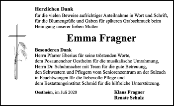 Traueranzeige von Emma Fragner von Rothenburg