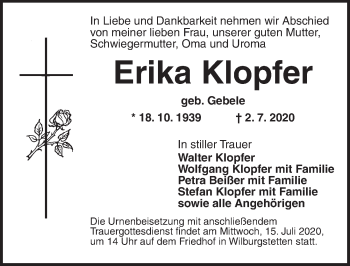 Traueranzeige von Erika Klopfer von Dinkelsbühl/ Feuchtwangen