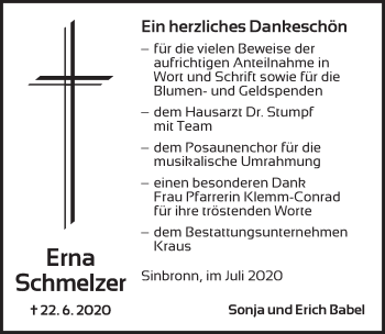 Traueranzeige von Erna Schmelzer von Dinkelsbühl/ Feuchtwangen