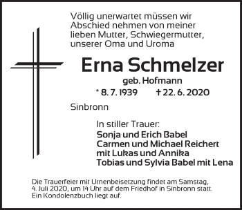 Traueranzeige von Erna Schmelzer von Dinkelsbühl/ Feuchtwangen