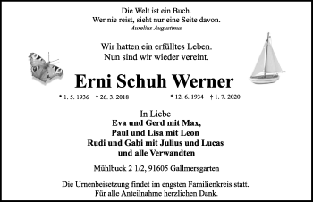 Traueranzeige von Erni Schuh von Ansbach