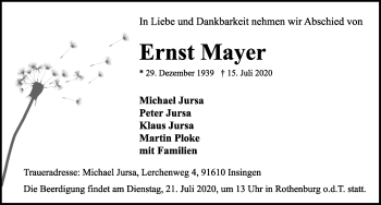 Traueranzeige von Ernst Mayer von Rothenburg