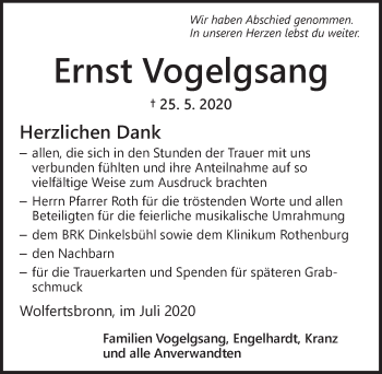 Traueranzeige von Ernst Vogelgsang von Dinkelsbühl/ Feuchtwangen