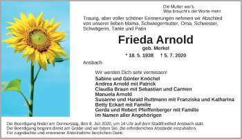 Traueranzeige von Frieda Arnold von Ansbach