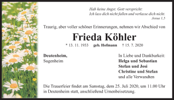 Traueranzeige von Frieda Köhler von Neustadt/ Scheinfeld/ Uffenheim