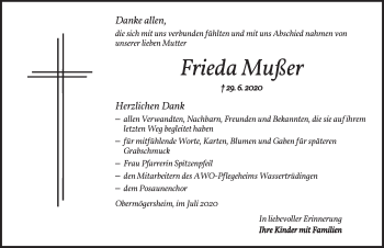 Traueranzeige von Frieda Mußer von Dinkelsbühl/ Feuchtwangen