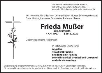 Traueranzeige von Frieda Mußer von Dinkelsbühl/ Feuchtwangen