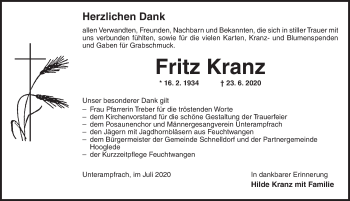 Traueranzeige von Fritz Kranz von Dinkelsbühl/ Feuchtwangen