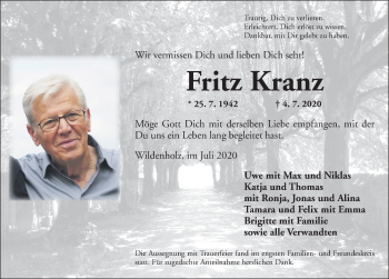 Traueranzeige von Fritz Kranz von Dinkelsbühl/ Feuchtwangen