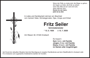 Traueranzeige von Fritz Seiler von GE