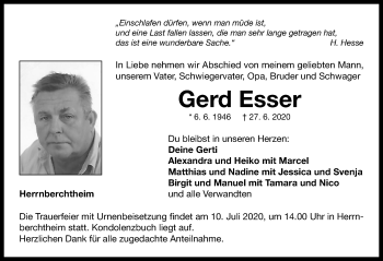 Traueranzeige von Gerd Esser von Neustadt/ Scheinfeld/ Uffenheim