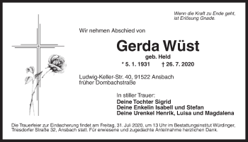 Traueranzeige von Gerda Wüst von Ansbach