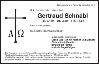 Traueranzeige von Gertraud Schnabl von Ansbach