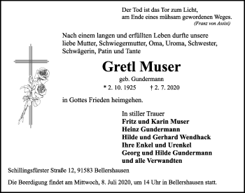 Traueranzeige von Gretl Muser von Rothenburg