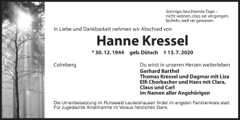 Traueranzeige von Hanne Kressel von Ansbach