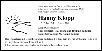 Traueranzeige von Hanny Klopp von Neustadt/ Scheinfeld/ Uffenheim