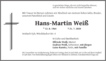 Traueranzeige von Hans-Martin Weiß von Ansbach