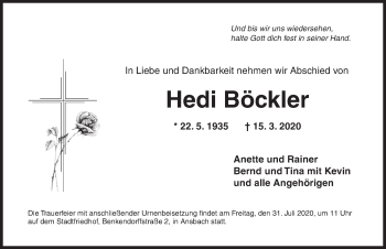 Traueranzeige von Hedi Böckler von Ansbach
