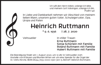 Traueranzeige von Heinrich Ruttmann von Dinkelsbühl/ Feuchtwangen