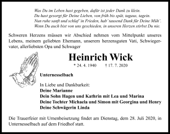 Traueranzeige von Heinrich Wick von Neustadt/ Scheinfeld/ Uffenheim