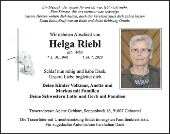 Traueranzeige von Helga Riebl von Rothenburg
