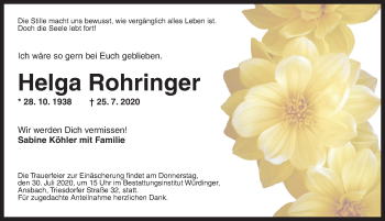 Traueranzeige von Helga Rohringer von Ansbach